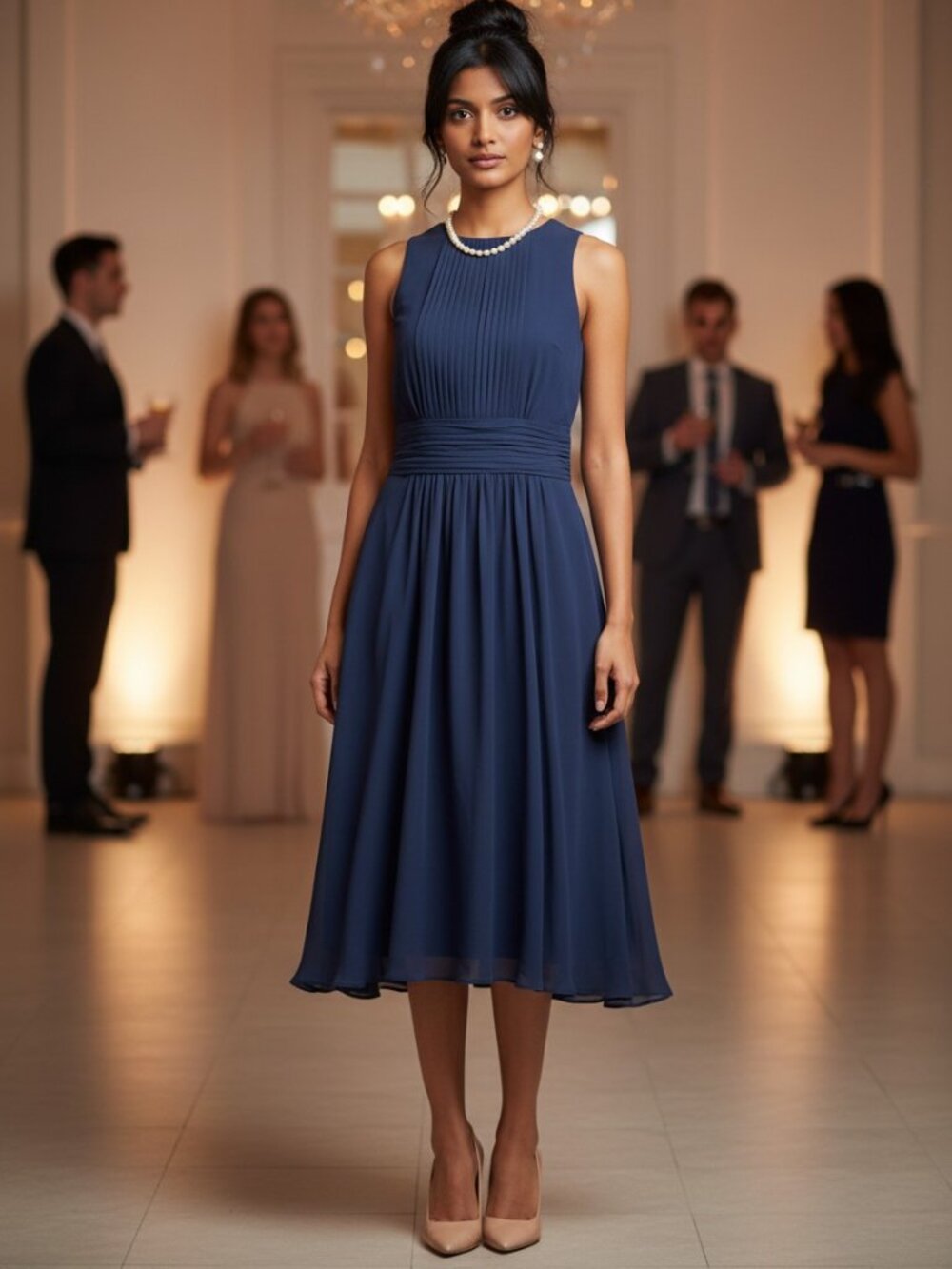 Lauren Ralph Lauren Evening Dress Womens 6 Navy Blue Pleated Chiffon